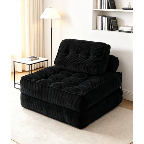 Canapé lit pliable 3 en 1 velours côtelé noir, fauteuil de sol ergonomique mousse mémoire, meuble compact gain de place pour studio, salon (1/5)