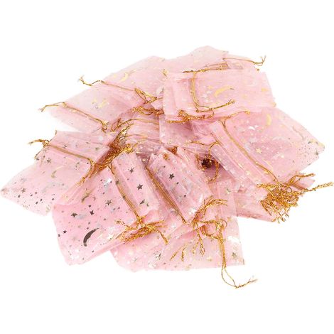 100 Sacs à cordon en organza transparents à motif lune et étoile, jolis sacs cadeaux roses en organza, pour les fêtes, Noël et le quotidien (1/5)