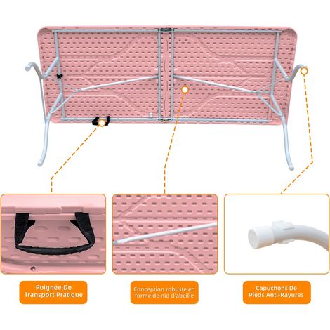 Table pliante portable 180 cm avec poignée, table robuste multifonction pour camping pique-nique intérieur extérieur, capacité 135 kg (rose) (1/5)