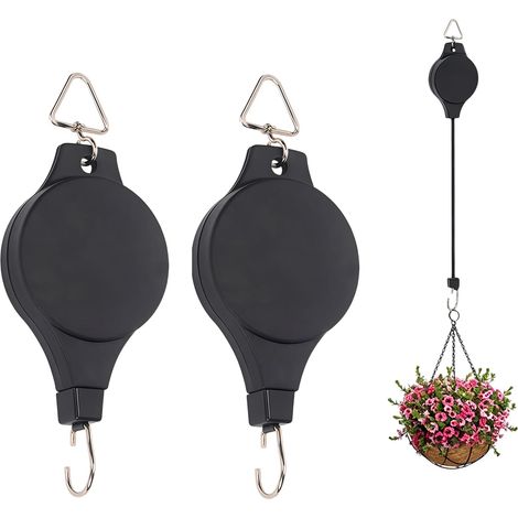 2-teiliges, einziehbares Rollenset – Kunststoff und Stahl – Verstellbare Aufhängung 90 cm – Für Blumenampeln im Innen- und Außenbereich – Schwarz und Silber (1/5)