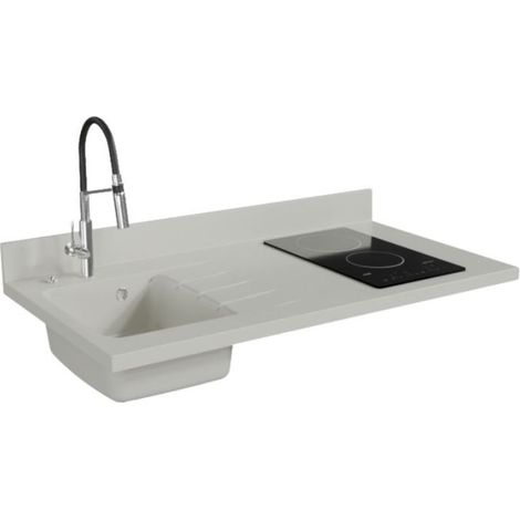 Plan de travail monobloc PlaniQuartz avec évier - 120 cm - Snova - évier à gauche - Plaque de cuisson Vitrocéramique