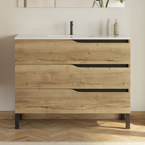 Meuble sous vasque seul, 3 tiroirs, 100cm, pour simple vasque - madera miel (chêne clair) - MATA