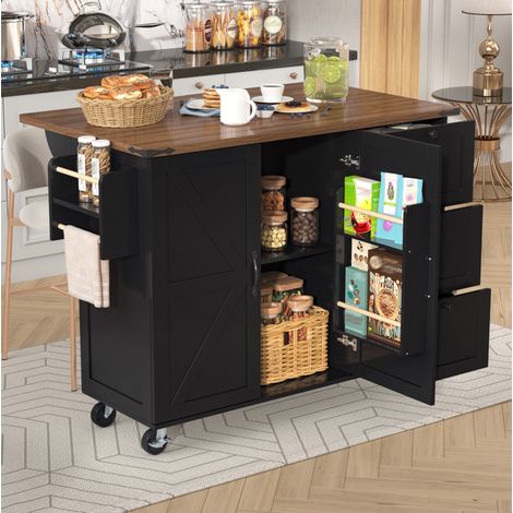 Kücheninsel 140x45x92.5 cm schwarz aus MDF mit klappbarer Arbeitsplatte und Rollen (1/5)