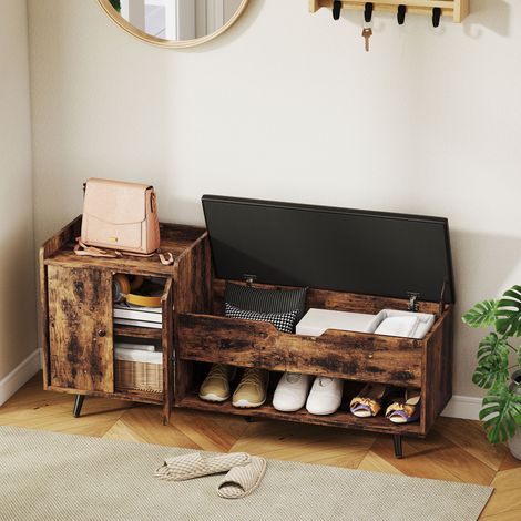 Banc Chaussure industrielle avec siège capitonné Compartiment caché Étagères portes 127x35x59 cm Marron rustique (1/5)
