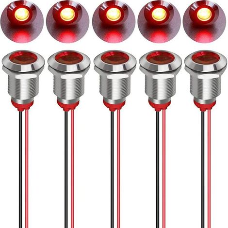 12mm 12/24VDC LED Metal Indicator Light Waterproof Signal Warning Light Directional Lamp Dashboard with Wire (Red) (1/5)