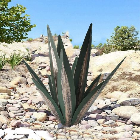 Décoration de jardin en métal et forme de plante d'agave - Sculpture en métal rustique - Statue de jardin rustique - 35 cm 9 feuilles (vert)