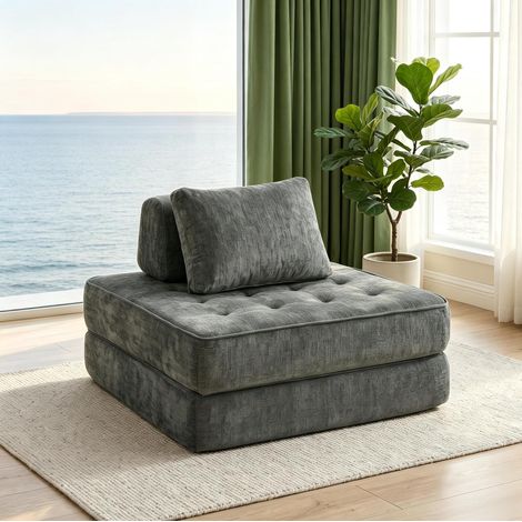 Divano letto 1 posto in ciniglia grigio, con cuscino, struttura senza braccioli DESVIAE (1/5)