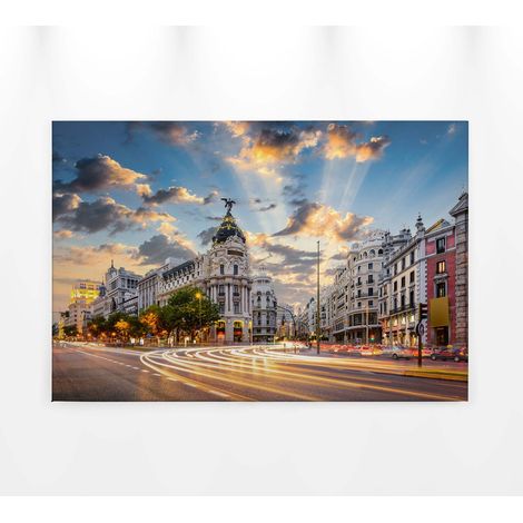 Tableau bleu et orange pour chambre et salon | Tableau sur toile paysage ville espagnole | Tableau coloré avec coucher de soleil 0,9 x 0,6 m (1/5)
