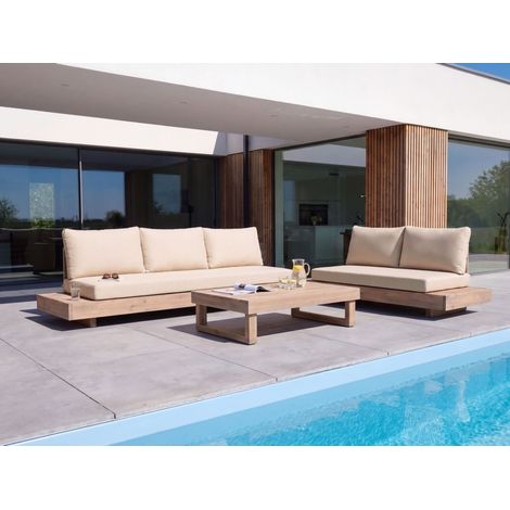 Conjunto de jardín de 5 plazas sofá 2 plazas sofá 3 plazas mesa de centro cojines madera de acacia certificada beige Marettimo (1/5)
