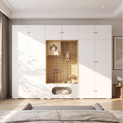 MODFU – Armoire dressing 270x50x200 cm – Penderie, 11 compartiments et espace chat – Rangement modulable – Blanc/bois (1/5)