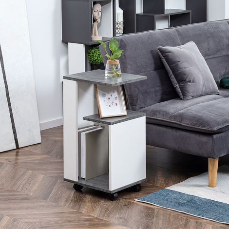 Comodino con 4 ruote, 3 ripiani, 35 x 29,5 x 65,5 cm, grigio/bianco