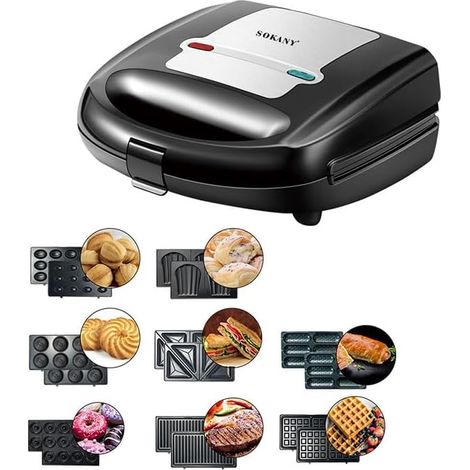 8-IN-1 [ Sandwichmaker, fer à gaufres, grill à contact, bouilloire, hot dog, noix, biscuits, gâteau Madeline ] 8 plaques anti-adhésion, nettoyage facile (1/4)