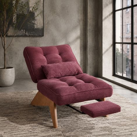 Poltrona relax reclinabile 127x73x90 cm bordeaux con poggiapiedi, tessuto a coste e legno MEUBLIV (1/5)