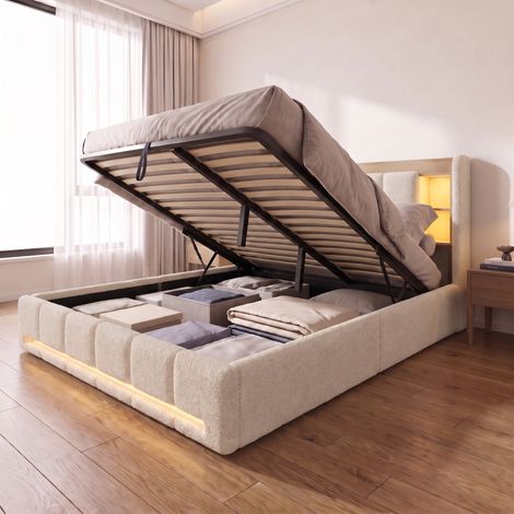 Lit coffre double 140x190 cm avec sommier, lit capitonné avec LED et tête de lit rangement/charge, Tissu Bouclette, Beige (1/5)