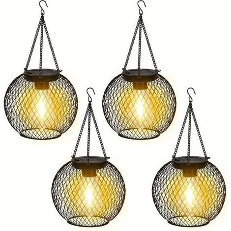 Lot de 4 lampes solaires d'extérieur à suspendre en métal, étanches IP65, pour la décoration de jardin, noires. (1/5)