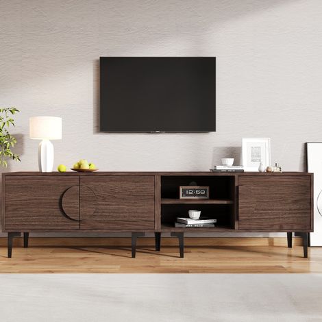 Meuble TV bas 2 placards – 2 étagères ouvertes – Design bois naturel et noir – Pieds en PVC – Pour écran jusqu’à 80 pouces – 180×35×49 cm – Noyer (1/5)
