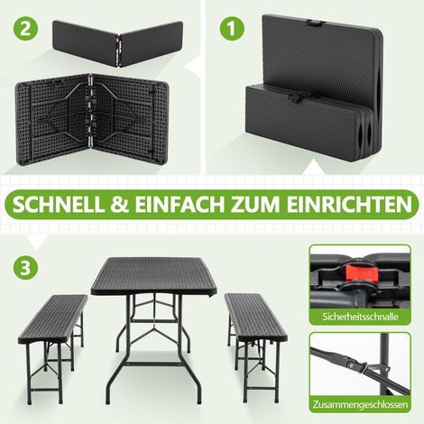 Table de pique-nique pliable 6 pieds avec deux bancs, ensemble de camping 3 pièces plateau HDPE imitation bois, verrouillage de sécurité résistant aux UV et à l’eau, finition noire (1/4)