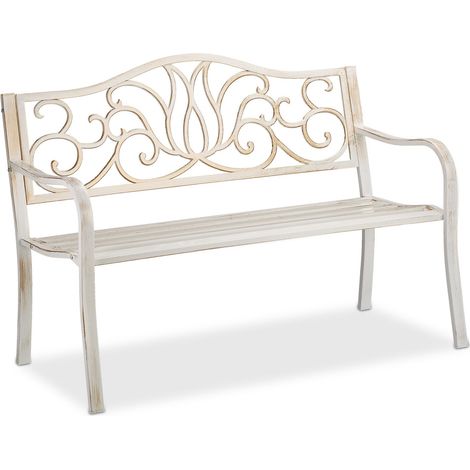 Relaxdays Banco Jardín Antiguo, 2 Personas, Asiento Metal, Balcón y Terraza, 90 x 127,5 x 63 cm, Acero, Blanco y Bronce