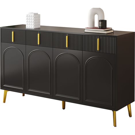 Buffet noir 4 portes et 4 tiroirs avec étagères réglables, pieds et poignées dorés, MDF mélaminé, 140 x 38 x 82 cm - CHICFURN (1/5)