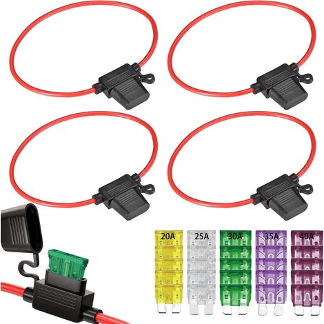 5 Pièces 10AWG Porte Fusibles Moyen Lame Enfichable Etanche avec Fil, Support Porte Fusible Lame, Voiture Boîtes de Fusibles à Lame, Gratuits 25Pcs Lame Fusible(20A/25A/30A/35A/40A)