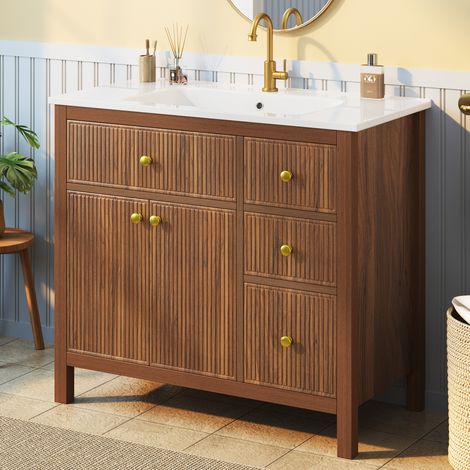 Mueble de baño con lavabo de pie 91 cm en MDF nogal, almacenamiento - CHICFURN (1/5)