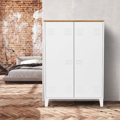 ESTER Armario de 2 puertas de metal blanco con encimera de madera de diseño industrial