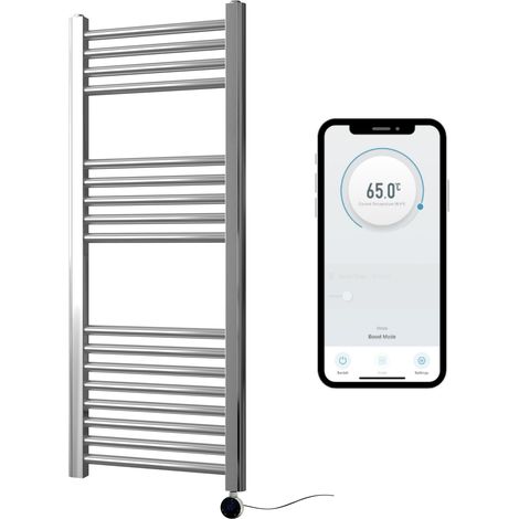 Chrome Electric Smart WiFi Controlled Heated Towel Rail 400mm W x 1000mm H Straight 7 Day Programmable Timer App Compatibility