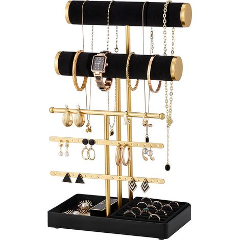 Porte Bijoux, Présentoir Bijoux avec Plateau Bague, Range Bracelet Boucles Oreille Collier Elastique Cheveux -Noir (1/5)