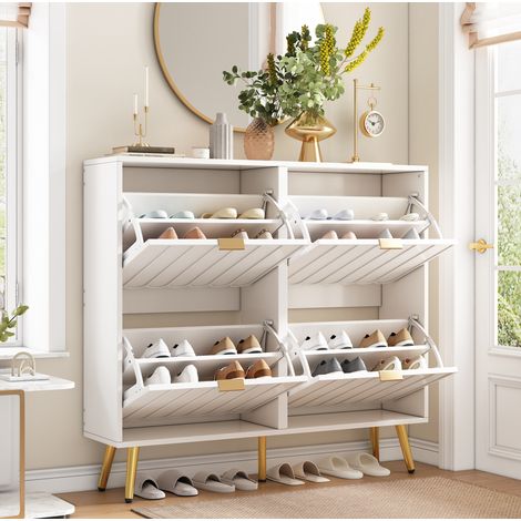 Zapatero estrecho abatible de 4 puertas, 100 x 24 x 91,5 cm, blanco, REDOM (1/5)