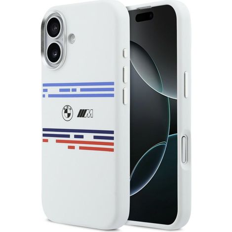 Coque BMW M en silicone à lignes horizontales MagSafe pour iPhone 17, blanche (1/5)