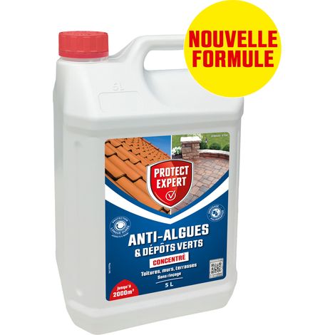 Antimousse concentré 5L – Anti-algues et lichens pour toiture, terrasse, dalles – Efficacité jusqu'à 2000m² – Protect Expert