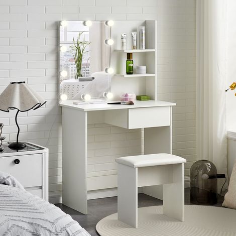White Dressing Table Set with Mirror and Stool, Makeup Desk with LED Adjustable Lights 1 Drawer and Shelf Bedroom Dresser Vanity Table Set (1/5)