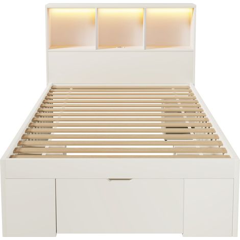 Lit fonctionnel 90x200 cm blanc avec rangements et table de chevet mobile (1 pièce), lit simple en bois avec éclairage LED, charge USB-C, lit ado avec tiroirs et étagères, sans matelas (1/5)