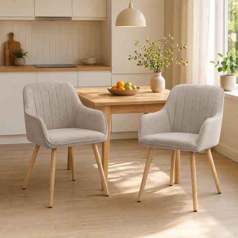 Sedie da pranzo in tessuto kaki con braccioli integrati e gambe in legno massello, set da 2,59x59x82cm (1/5)