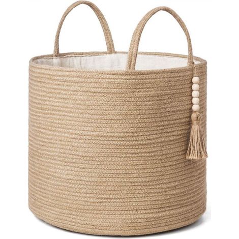 Panier de rangement tressé, jaune chanvre, 1 pièce, 282828cm, décoré de corde naturelle, pour le salon et la décoration intérieure. (1/5)