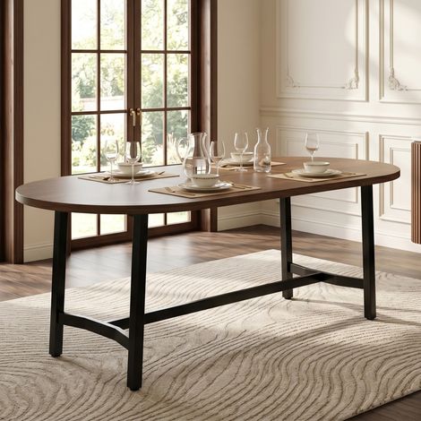 Mesa de comedor 180x80x75 cm, para 6 a 8 personas, esquinas redondeadas, patas de metal, color nogal (1/5)
