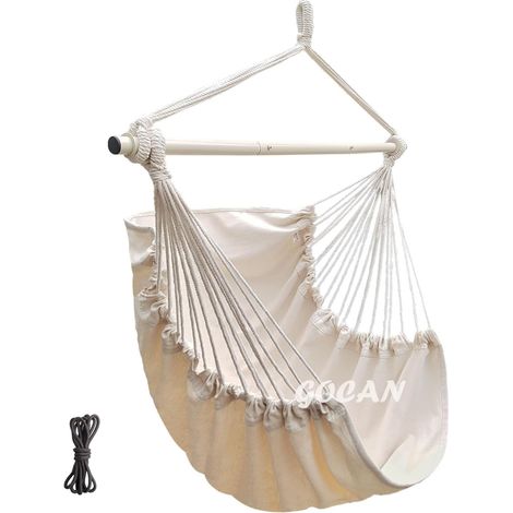 Hamac - Balançoire - 100 x 135 cm - Charge : 150 kg - en Coton avec Barre en métal - Siège Large - Beige (1/5)