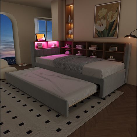 Canapé convertible 90x200 lit gigogne LED gris HAVRYA (1/5)