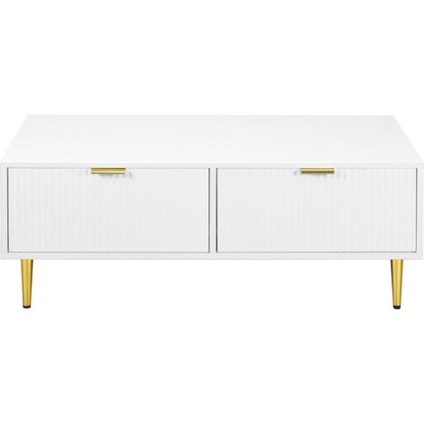 Table basse blanche moderne avec accents dorés,2 tiroirs,design à rayures verticales,1005040cm,table basse de salon,meuble court pour canapé (1/5)