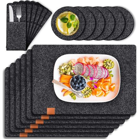 LEMROE Set de table en feutre, avec dessous de verre et pochette à couverts, chemin de table antidérapant résistant à la chaleur, (gris, 6 ensembles) (1/5)