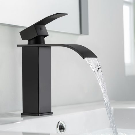 Wasserhahn Bad Schwarz, Wasserfall Waschtischarmatur aus Edelstahl, Mischbatterie Waschbecken mit Auslauf Höhe 123 mm (1/5)