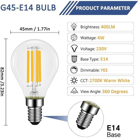 4er-Pack E14 4W dimmbare LED-Glühlampen mit Glühfaden, entspricht 40W Glühlampen, warmweiß (2700K), 400 Lumen, kleiner Edison-Schraubsockel, G45/P45-Form, transparente Vintage-Glühlampe (1/5)