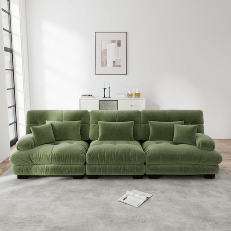 Modulares 3-Sitzer-Sofa 313 x 77 x 81 cm – Chenille-Stoff im Cloud-Look mit tiefer Sitzfläche für Wohnzimmer und Büro – Grün