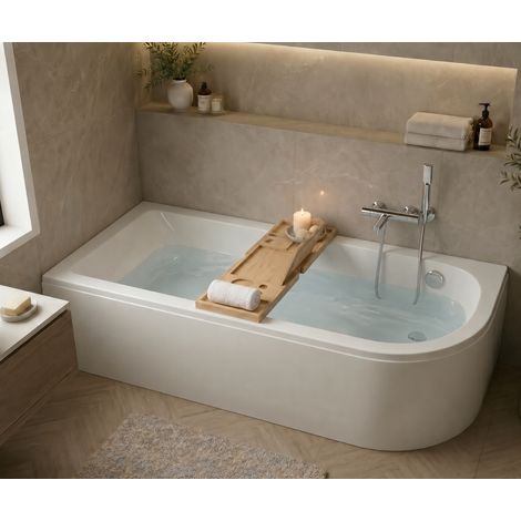 Baignoire d'angle asymétrique gauche 160 x 75 cm - blanc - tablier, pieds, vidage chrome, plateau bambou - OASIS (1/4)