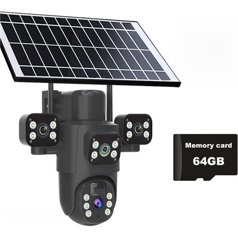 Caméra Solaire 4G/WiFi, écran à Trois objectifs, 6 MP, 6 K, Batterie Basse consommation, IP, Vision Nocturne PIR, vidéosurveillance, Protection de sécurité(4G Cam Add 64G) (1/5)