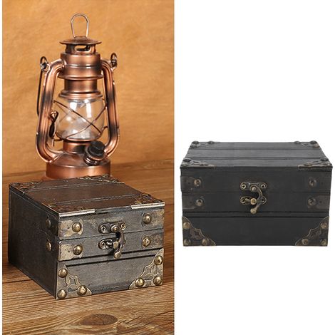 Boîte de rangement vintage en bois vieilli, boîte de rangement décorative pour accessoires de films et de télévision classiques, boîte à bijoux et colliers. (1/5)