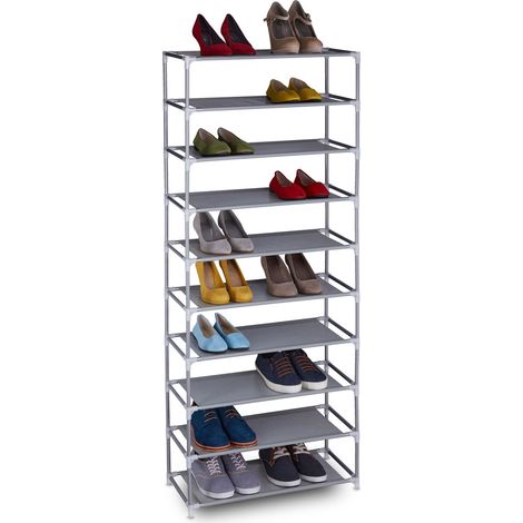 Relaxdays zapatero de tela modular, 10 niveles, 30 pares, estantería alta, 150 x 62 x 28 cm, gris