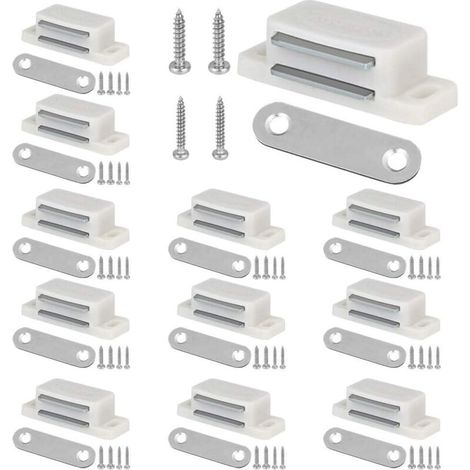 12 pièces aimant porte, métal et plastique blanc, 42 x 15 x 12 mm, fixation par vis, pour portes coulissantes, tiroirs et fenêtres maison bureau école