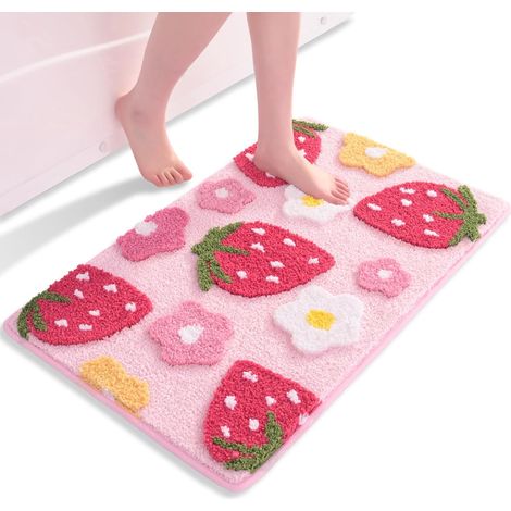 Tapis de bain rose fraise - Antidérapant - Lavable - Multicolore - En microfibre douce - Absorbant - 50 x 80 cm