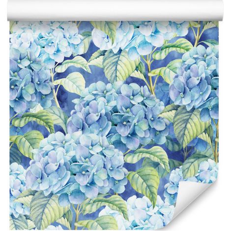 Papel pintado de hortensias con hojas para salón y dormitorio, 50x1000 cm. (1/5)